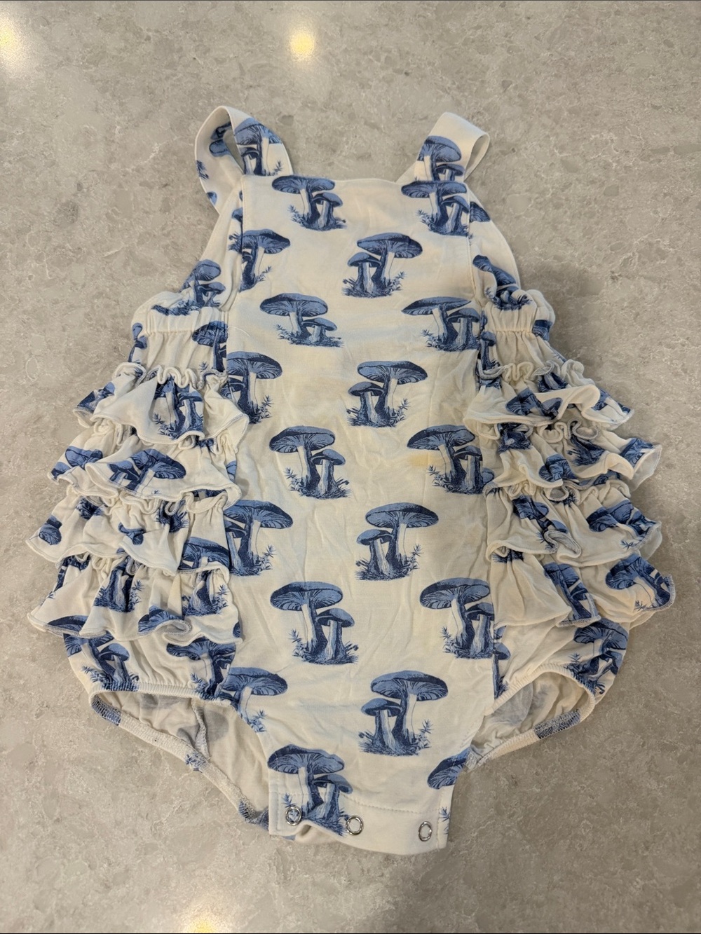 kate quinn White One-Piece with Blue Mushroom Print and Ruffle Sides